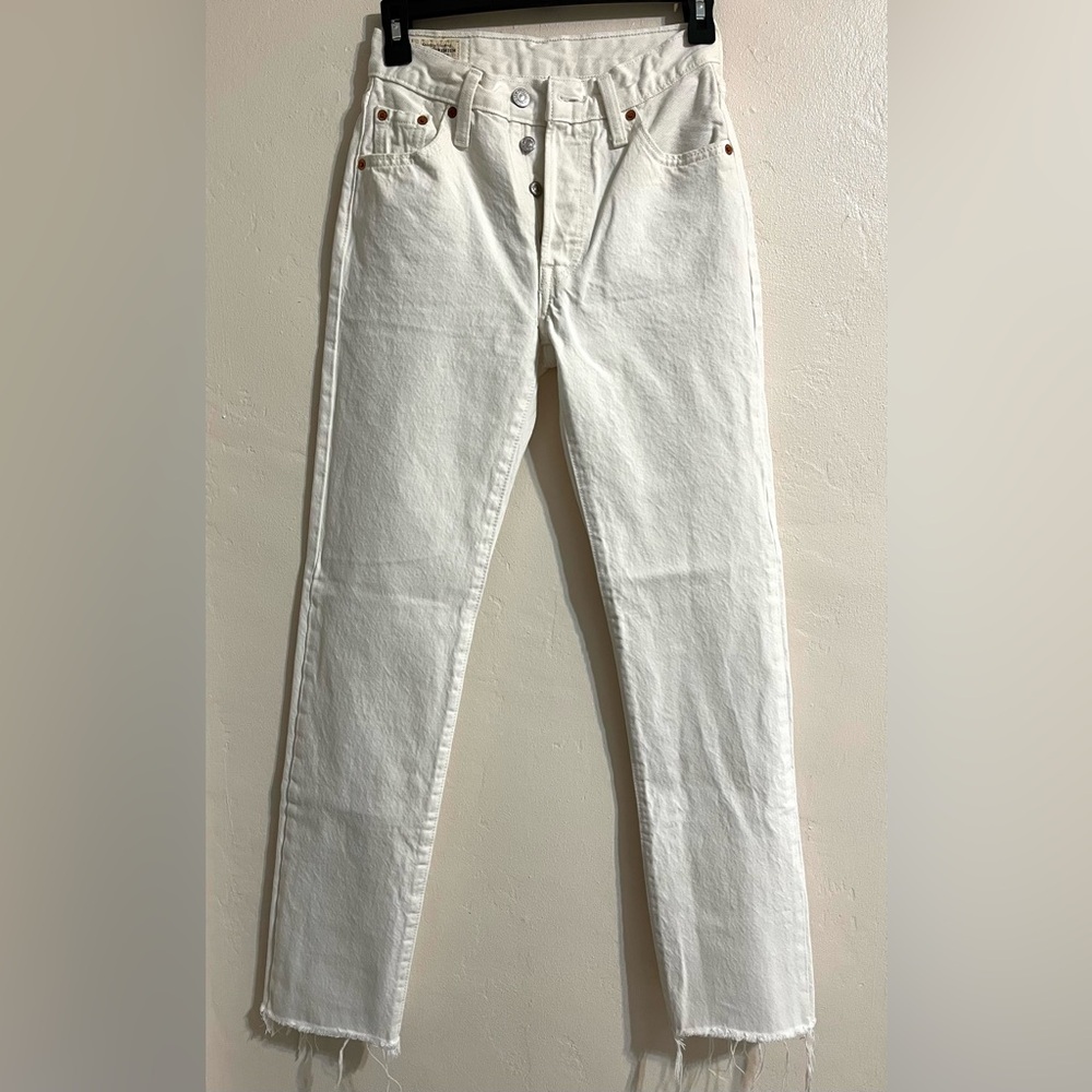 Levi’s 501 Straight Leg Raw Hem Button Down Creamy White Edgy Denim Jeans